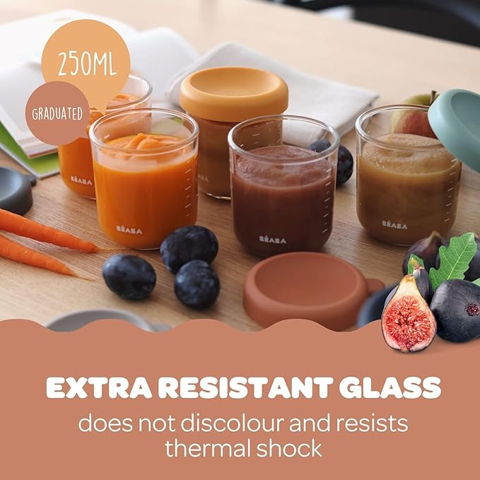 BEABA 6 Pack Glass Baby Food Jars with Soft Silicone Air Tight Lids, 8 oz Glass Storage Containers with Lids, Microwave and Freezer Safe Containers, Sunrise