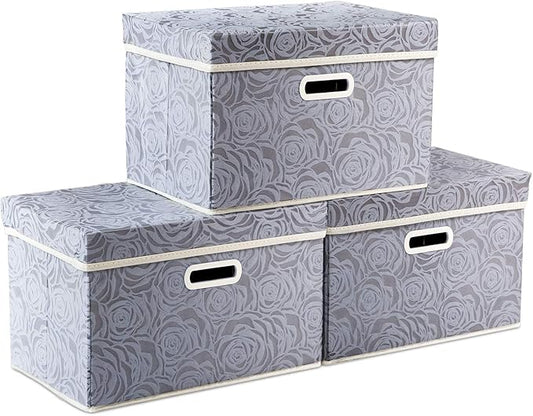 PRANDOM Collapsible Storage Boxes with Lids Fabric Decorative Storage Bins Cubes Organizer Containers Baskets with Cover Handles Divider for Bedroom Closet Living Room 14.9x9.8x9.8 Inch 3 Pack