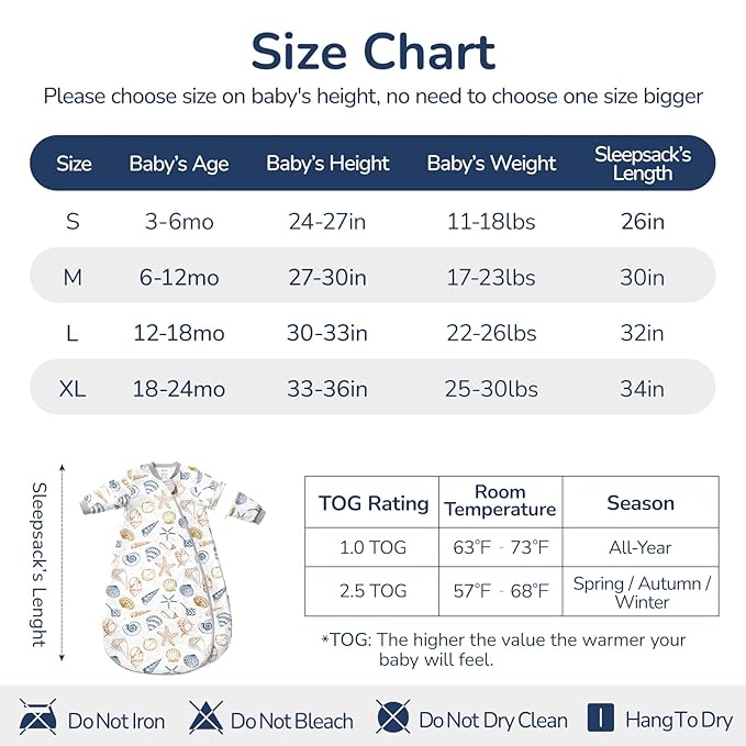 Baby Sleep Sack 6-12 Months, Cotton Detachable Long Sleeve Sleep Sack, 2.5 Tog Toddler Sleeping Sack with Temperature Strips, 2-Way Zipper Wearable Blankets for Newborns, Ocean