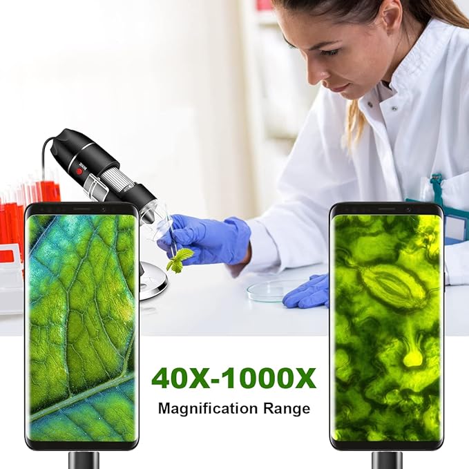Digital USB Microscope Camera, 40X to 1000X, with Metal Stand & Carrying Case, Compatible with Android, Windows, Linux, Mac, Portable for Kids, Students, Adults