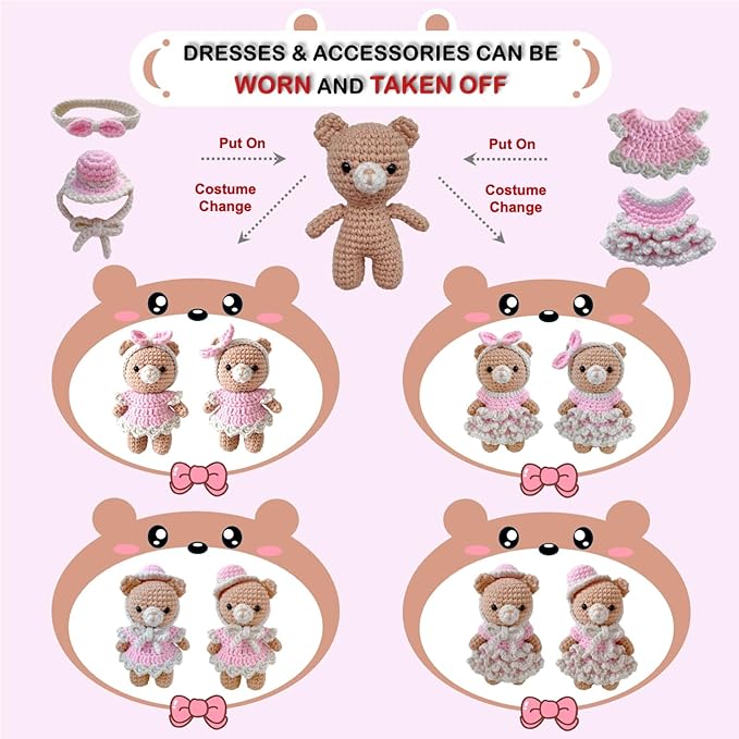 LoopMap Crochet Kit for Beginners - DIY Amigurumi Bear with Removable Dress & Accessories, Step-by-Step Video Tutorials, Extra Yarn, Crochet Tools, Handmade Gift for Kids & Adults(Bear-Pink)