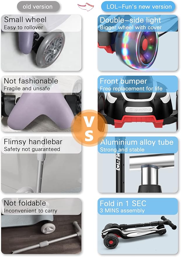 LOL-FUN Toddler Scooter for Kids Ages 3-12 Years Old Boy Girl with 3 Wheel LED Lights, Extra-Wide Childrens Foldable Kick Scooter Kids Ages 3-5 with 4 Adjustable Height and Lean-to-Steer