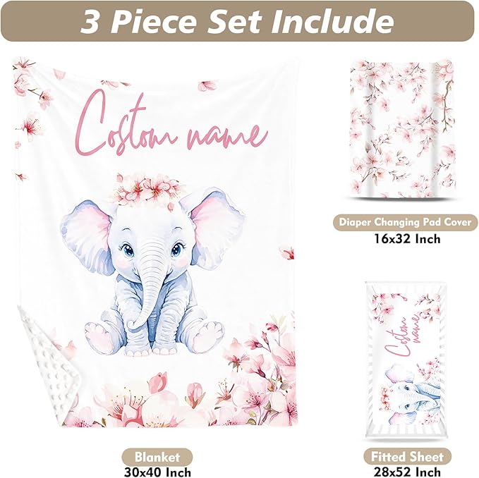 Custom Name Crib Bedding Set - Elephant Theme, Personalized Pink Flower Pattern Nursery Bedding 3-Piece Set– Soft Blanket, Fitted Sheet, Changing Pad Cover – for Newborns Girls Nursery Gifts