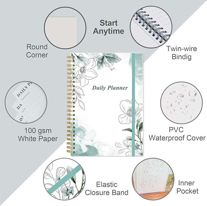 Daily Planner Undated - A5 To Do List Notebook Hourly Schedules, Spiral Appointment Planner for Women and Men, PVC Hardcover, Inner Pocket, Elastic Closure, 5.8" x 8.3", Teal Flowers