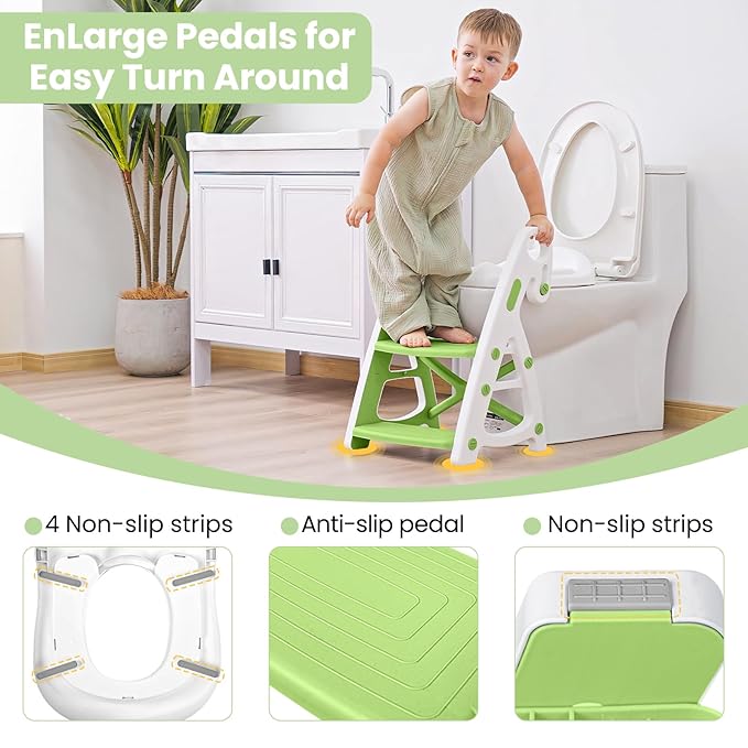 Primlect Potty Training Seat, 2-in-1 Toddler Toilet Seat with Step Stool, Ultra-Stable Potty Chair Attachment, Adjustable Seat and Step Ladder, Non-Slip Design, Splash Guard for Boys and Girls(Green)