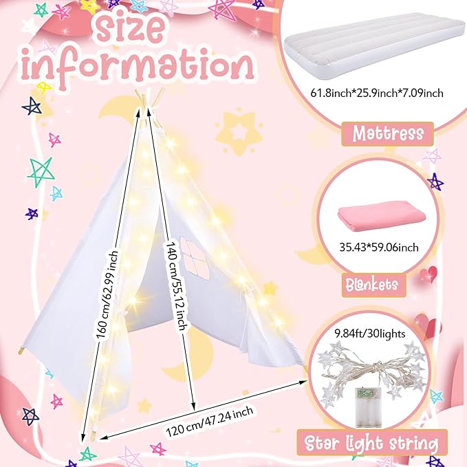 Windyun 4 Pack Kids Teepee Tent for Slumber Party with Mattress and Lights, Sleepover Tents for Girls Boys Indoor Outdoor Cotton Teepee for Kids with Airbed Tray Blanket Birthday Party Supplies(White)