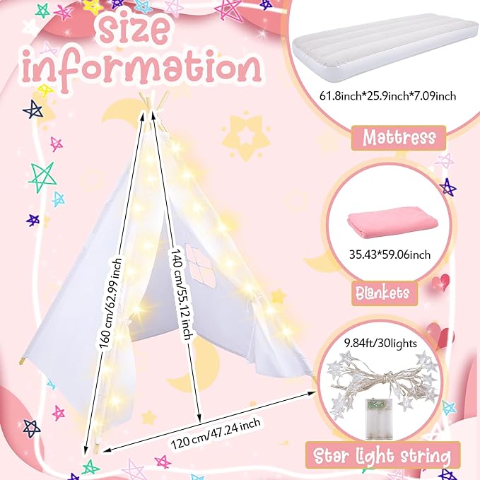 Windyun 8 Pack Kids Teepee Tent for Slumber Party with Mattress,Light String,Airbed Fitted Sheet,Sleepover Tent for Girls Boys Party,Kids Play Playhouse Indoor Outdoor(White)