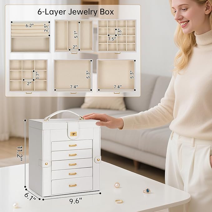 AKOZLIN 6-Tier Jewelry Box Organizer Functional 5 Drawers Leather Jewelry Storage Case for Women Girls Ring Necklace Earring Bracelet Holder Organizer with Mirror White