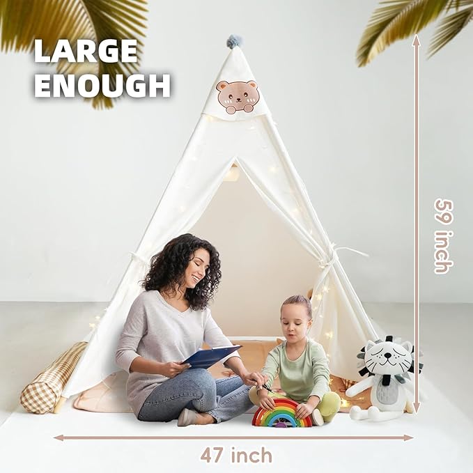 Teepee Tent for Kids-Portable Children Play Tent Indoor Outdoor (White with Mat)