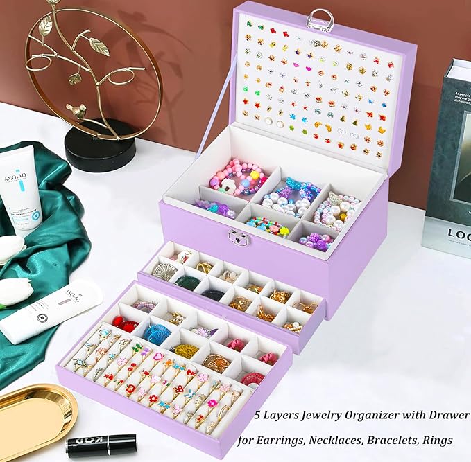 Earrings Jewelry Box for Girls, 5 Layers Jewelry Organizer with Earring Holder Organizer for Girls Earring Organizer Jewelry Boxes for Women Earrings and Necklaces Jewelry Box Organizer Violet