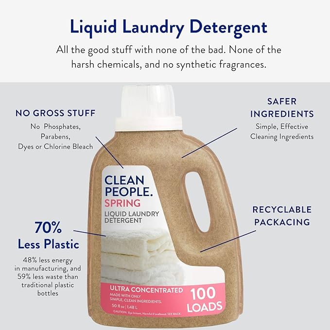 The Clean People Liquid Laundry Detergent - Recyclable Packaging, Stain Fighting - Ultra Concentrated, Laundry Soap - Spring Scent, 50 fl oz