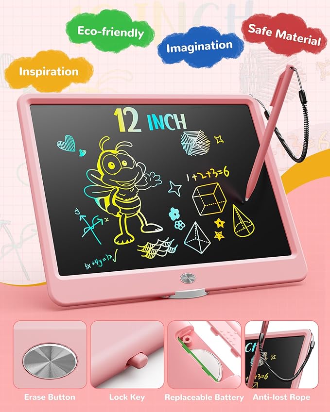 KOKODI LCD Writing Tablet, 12 Inch Colorful Toddler Doodle Board Drawing Tablet, Erasable Reusable Electronic Drawing Pads, Educational and Learning Toy for 3-6 Years Old Boy and Girls(Pink)
