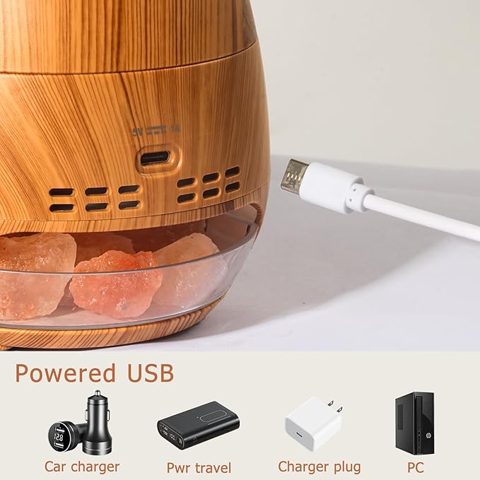 Ultrasonic Essential Oil Diffuser with Himalayan Salt Rock,Flame Diffuser with 2 Color Light,Small Aromatherapy Oil Diffuser with Auto Off Function for Home, Office,Spa,100ML,Wooden Grain