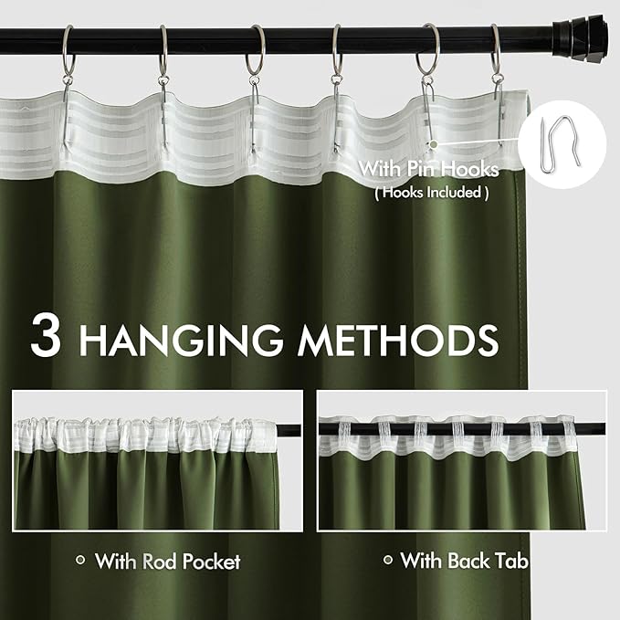 MIULEE Olive Green Back Tab Blackout Curtains 102 Inch Long 2 Panels Set for Bedroom, Rod Pocket/Pinch Pleated Thermal Insulated Living Room Darkening Light Blocking Floor to Ceiling Drapes