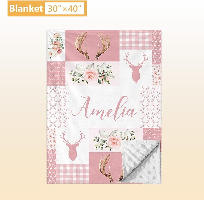 Personalized Baby Crib Bedding Set, 5 Pcs Custom Name Nursery Bedding Set, Pink Woodland Deer Baby Bedding Set for Girl, Double Layer Baby Crib Sets, Customized Gifts for Toddlers Kids Infants