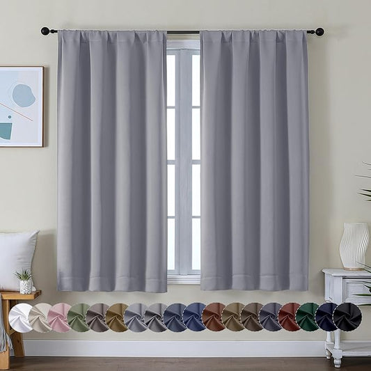 Simplebrand Ava Silver Grey Short Blackout Curtains for Bedroom 45 Inches Long 2 Panels, Solid Thermal Insulated, Energy Saving Window Treatment Curtains Blackout Drapes, W40 x L45 Inch, Silver Grey