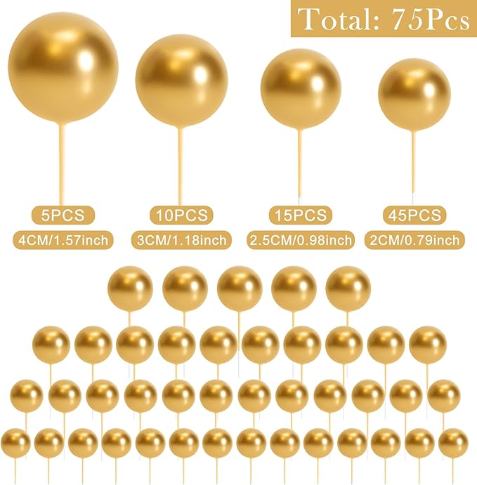 75 Pieces Gold Cake Balls Topper Decorations Foam Cupcake Topper Mini Balloon Cake Topper Balls Cake Picks for Cake Deco Birthday Party Wedding