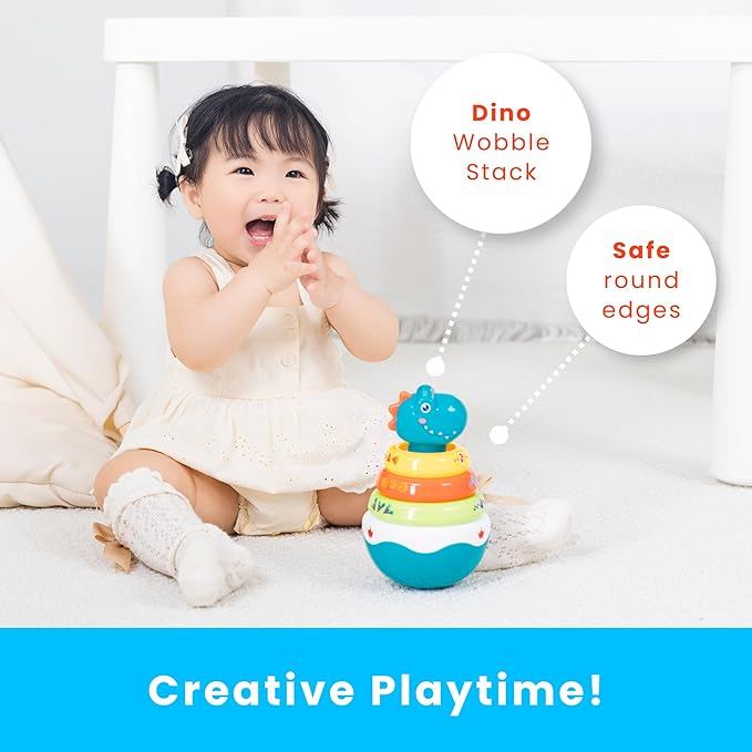 PlenPLAY Baby Tummy Time Toys - Dino Stacking Toys for Age 6+ Months, Weeble Wobble Toys for Babies 6 9 12 Months, Stacking Rings STEM Learning Toy, Sensory Learning Toy (Dinosaur), Small, Blue