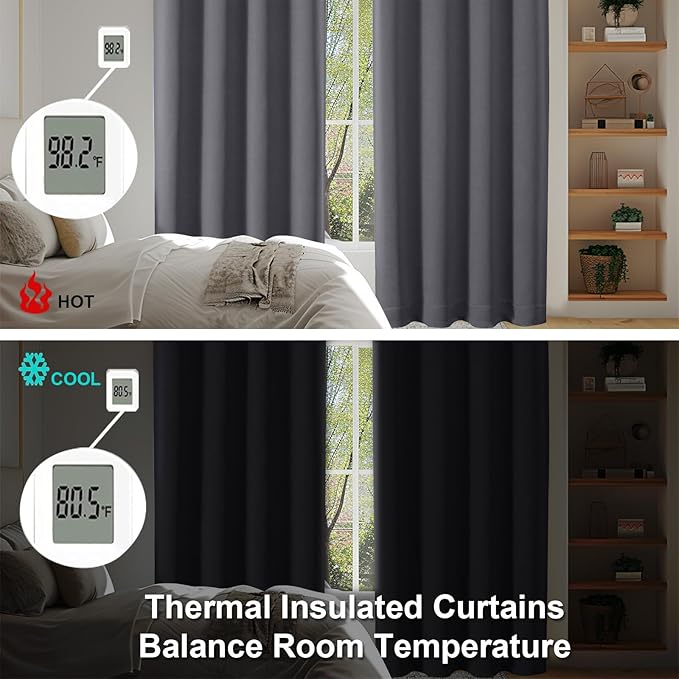 Simplebrand Ava Grey Blackout Curtains for Patio 108 Inches Long 2 Panels Set, Solid Thermal Insulated Room Darkening Rod Pocket Window Treatment Curtains Blackout Drapes, W50 x L108 Inch, Grey