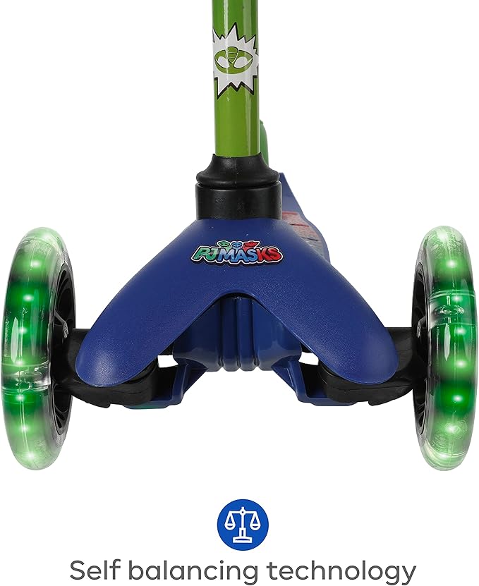 PJ Mask Self Balancing Kick Scooter with Light Up Wheels, Extra Wide Deck, 3 Wheel Platform, Foot Activated Brake, 75 lbs Limit, Kids & Toddlers Girls or Boys, for Ages 3 and Up