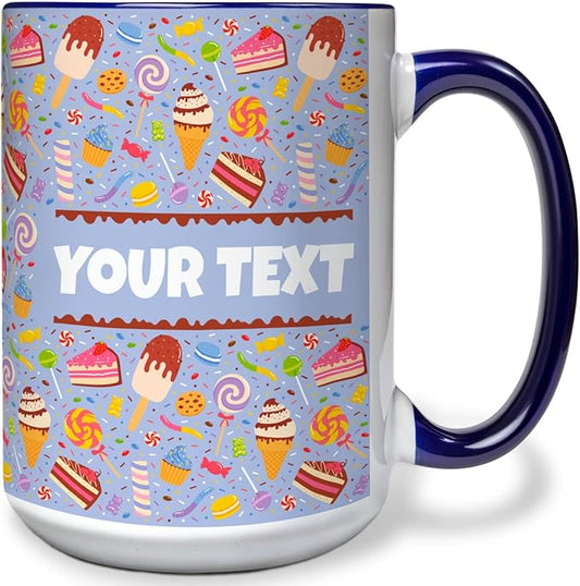 Personalized Mug for Kids - Sweets - Custom Name/Text, Ceramic Hot Chocolate/Cocoa/Coffee Cup for Boys/Girls, Birthday/Christmas/Holiday Gift - 15 oz, Navy Blue Handle