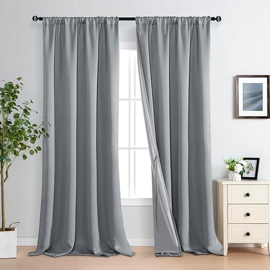 XWZO 100% Blackout Curtain Panels - Rod Pocket Thermal Insulated Black Liner, Noise Reducing and Heat Blocking Drapes for Hall and Studio Windows with Tiebacks, Grey, W52 x L95, Set of 2