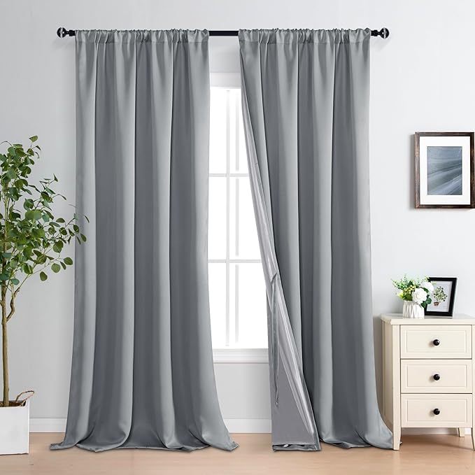 XWZO 100% Blackout Curtains - Extra Long Rod Pocket Thermal Insulated Black Liner Curtains, Noise Reducing and Heat Blocking Drapes for Bedroom with Tiebacks, Grey, W52 x L108, Set of 2