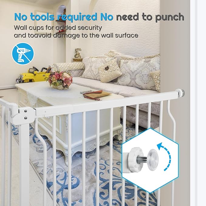 owlie Baby Gate Indoor 75-85 Inch, Extra Wide Safety Gate for Dogs Large Stairway Gate Adjustable Baby Gates Pressure Mount Wide Gates for Pet Stairway Doorways No Drilling White (30.5'' Tall)