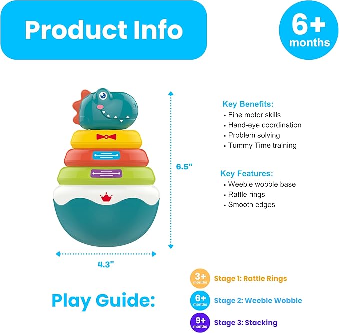 PlenPLAY Baby Tummy Time Toys - Dino Stacking Toys for Age 6+ Months, Weeble Wobble Toys for Babies 6 9 12 Months, Stacking Rings STEM Learning Toy, Sensory Learning Toy (Dinosaur), Small, Blue