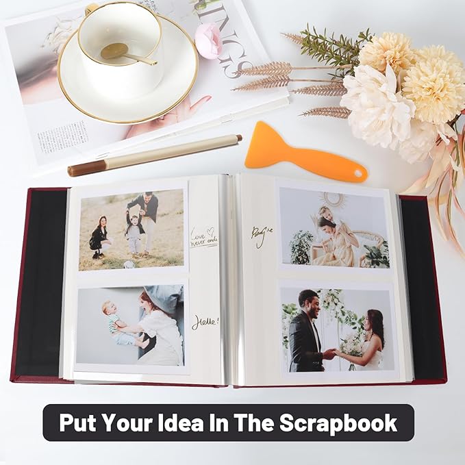 RECUTMS Photo Album Self Adhesive Magnetic Scrapbook 4x6 5x7 8x10 Pictures Scrapbook Album, 40 Pages Photo Book for DIY Baby Family Wedding with Metal Pen and Plastic Board (Brown)