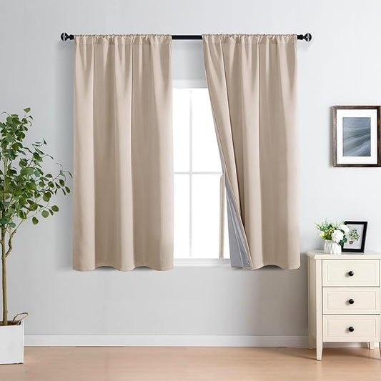 XWZO 100% Beige Blackout Window Curtains with Tiebacks- Noise Reduction and Light Blocking Rod Pocket Curtains with Black Liner for Studio, Basement Room, Biscotti Beige, W42 x L45, Set of 2 Panels
