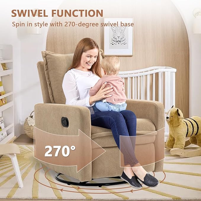 Swivel Rocking Recliner Chair for Nursery, Upholstered Glider Rocker Recliner, Swivel Reclining Chair for Nursery Living Room Bedroom, Camel Short Plush