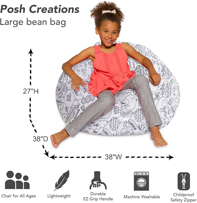 Posh Creations Bean Bag Chair for Kids, Teens, and Adults Includes Removable and Machine Washable Cover, Canvas Coloring Fabric - Fun Creatures, 38in - Large