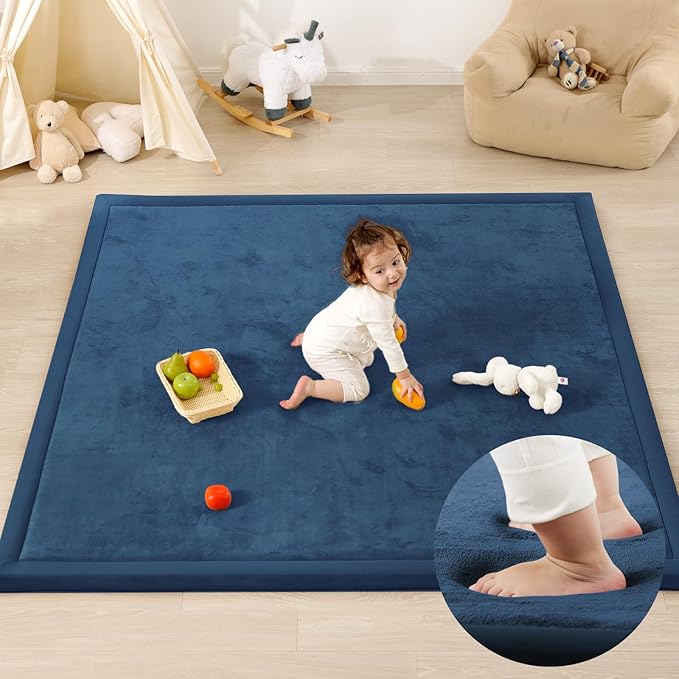 Ultra Soft Baby Play Mat,79"×79" Extra Large Activity Tummy Time Mat for Toddlers,Infants,Kids,1.3" Thick Elasti-Foam Nursery Rug for Floor,Non-Slip Safe for Crawling,Water-Repellent(Royal Blue)