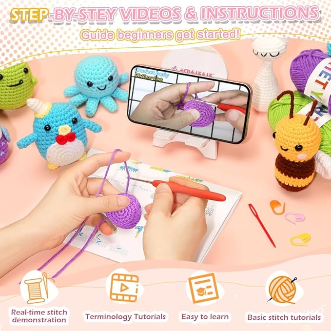 6 PCS Crochet Animal Kit –2026 DIY Amigurumi Crochet Kit for Beginners, Knitting Crochet Kit For Kids Adults , Knitting Kit with detailed videos tutorials, Yarn, Hook, Best Gift For Crochet Lovers