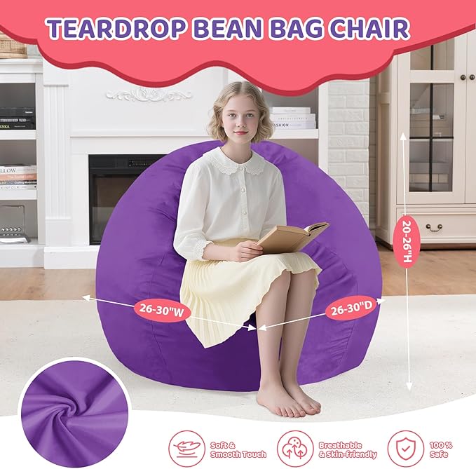 2FT Bean Bag Chair, Comfy Bean Bag Chairs with Memory Foam Filled, Fluffy Beanbag Sofa with Dutch Velvet Cover, Teardrop BeanBag Chairs for Living Room, Playroom - Purple