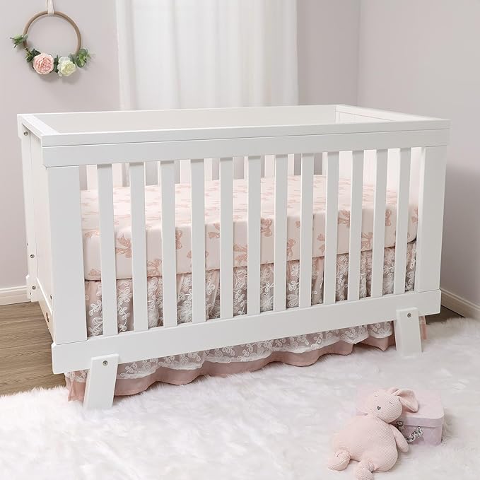 The Peanutshell 3 Piece Baby Crib Bedding Set for Girls - Cotton Fitted Crib Sheet, Layered Dust Ruffle, Comforter, Newborn, Infant & Toddler Vintage Nursery Bed Set Decor, Pink, Gold, Floral - Grace