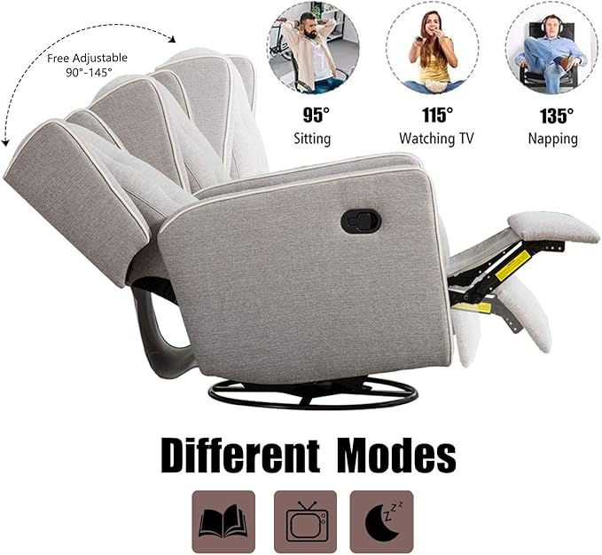 Swivel Rocker Recliner Chair, Nursery Glider Chair, Nursery Rocking Chairs, Manual Reclining Chair, Grey