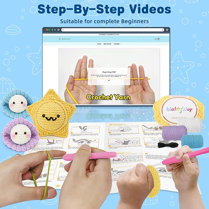 WaldyWop Crochet Kit for Beginners – 3PCS Ocean Friends Wobbles Crochet Animal Kit for Adults & Kids 8-12 – DIY Stress Relief Ball w/ 40% Extra Yarn, Easy Video & Instructions – Gift for Girls & Women
