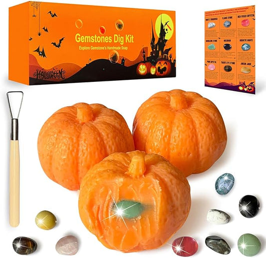 Thanksgiving Gifts for Kids, 3 Pumpkin Orange Bath Soap with Gemstone Inside Dig It Up Kit Halloween Toys Boys Girls Ages 4-5-6-7-8-12 Explore Mining Discover Science Gems Crystal