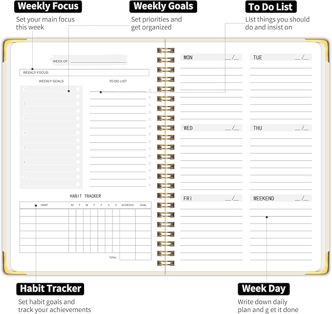 Undated Weekly Planner, Weekly To Do List Notebook with Goal & Habit Tracker Organizer, A5 5.8" x 8.0" Weekly Planner Notebook with Spiral Binding for Men or Women