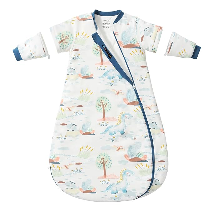 Baby Sleep Sack 3-6 Months, Cotton Detachable Long Sleeve Sleep Sack, 2.5 Tog Toddler Sleeping Sack with Temperature Strips, 2-Way Zipper Wearable Blankets for Newborns, Dinosaur