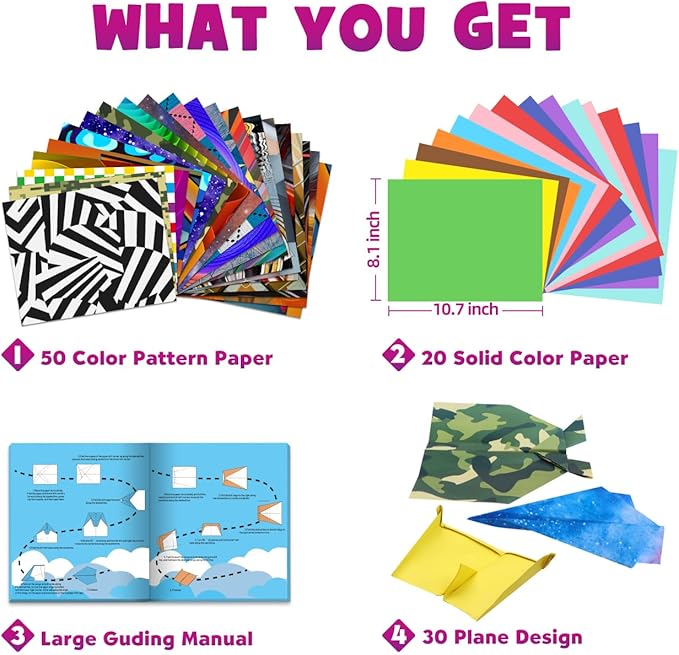 Pigipigi Kids Craft Origami Paper Kit for Kids Ages 5-8 8-12, with Guiding Book, 70 Sheets DIY Art and Crafts Supplies, Colorful Folding Papers Set Projects Gifts Activity for Boy Girl Toys(Plane)