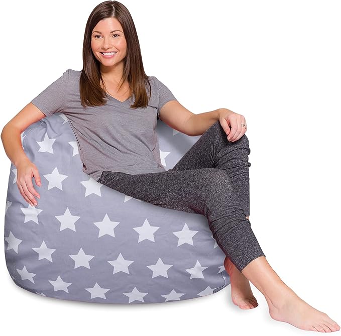 Posh Creations Bean Bag Chair for Kids, Teens, and Adults Includes Removable and Machine Washable Cover, Canvas White Stars on Gray, 48in - X-Large