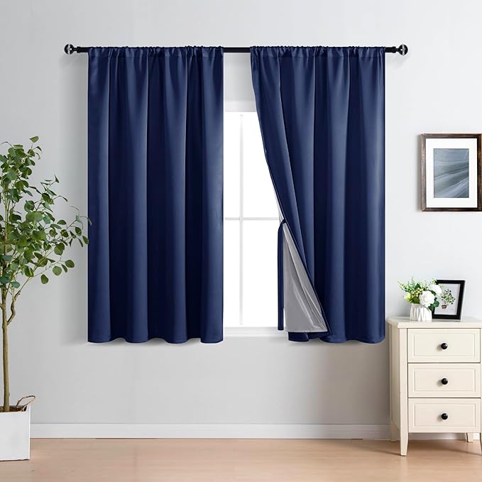 XWZO 100% Blackout Curtain Panels - Rod Pocket Thermal Insulated Black Liner, Noise Reducing and Heat Blocking Drapes for Hall and Studio Windows with Tiebacks, Navy Blue, W52 x L45, Set of 2