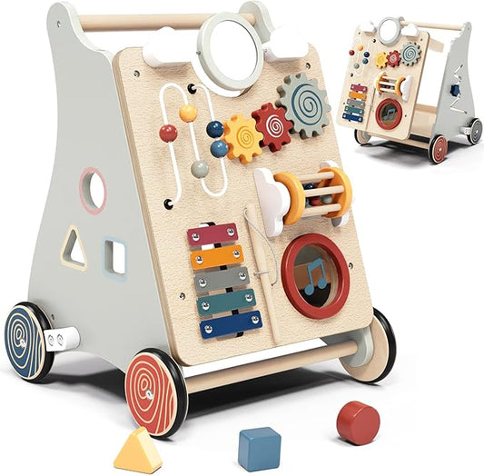Baby Push Walker with Detachable Busy Board, Wooden Baby Walker with Adjustable Speed Wheels, Montessori Push Walker for Babies, Push Walking Toys for Boys & Girls 1 Year Old, Gifts for Toddler