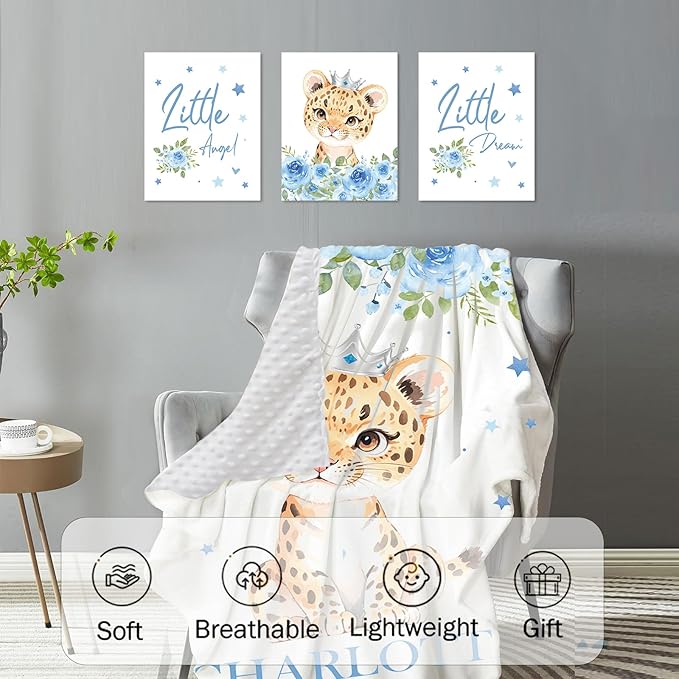Personalized Nursery Crib Bedding Set: Custom Name Blue Floral 5 Piece Baby Crib Sets with Leopard Theme - Toddler Double Layer Blanket Set, Comfortable Crib Bed Sheets for Baby Grils