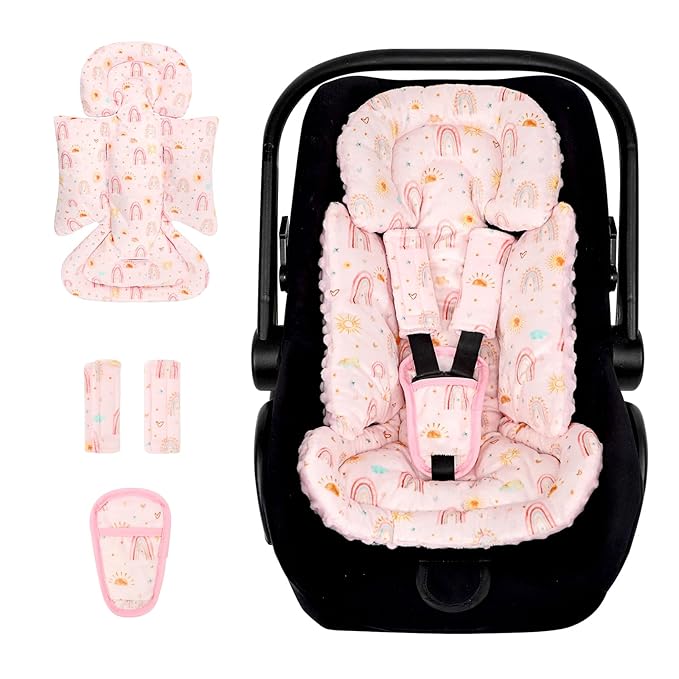 Infant Car Seat Insert and Strap Covers, Very Soft Car Seat Head Support Baby Girl Boy, Reversible Newborn Carseat Insert Cushion Fits for Stroller, Baby Swing, Bouncer (Pink Rainbow)