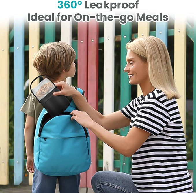 2-in-1 Insulated Food Jar & Snack Container - 15oz Kids Soup Thermos for Hot Food with Handle and Spoon, Leak Proof Reusable Toddler Snack Box, Perfect for School & Travel, Black