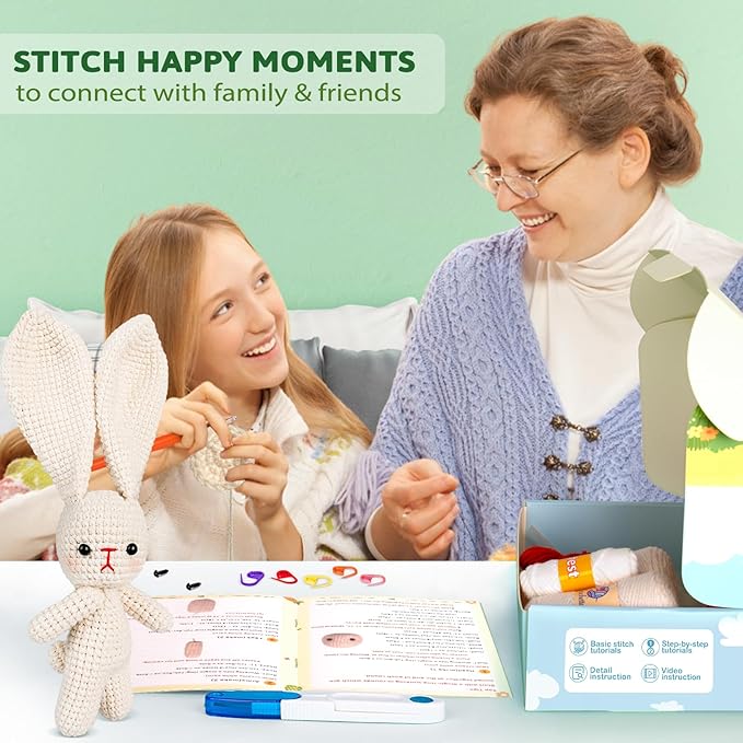 Crochetta Crochet Kit for Beginners, Crochet Starter Kit w Step-by-Step Video Tutorials, Beginner Crochet Kit Knitting Supplies for Adults Kids, Crochet Bunny(40%+ Yarn)